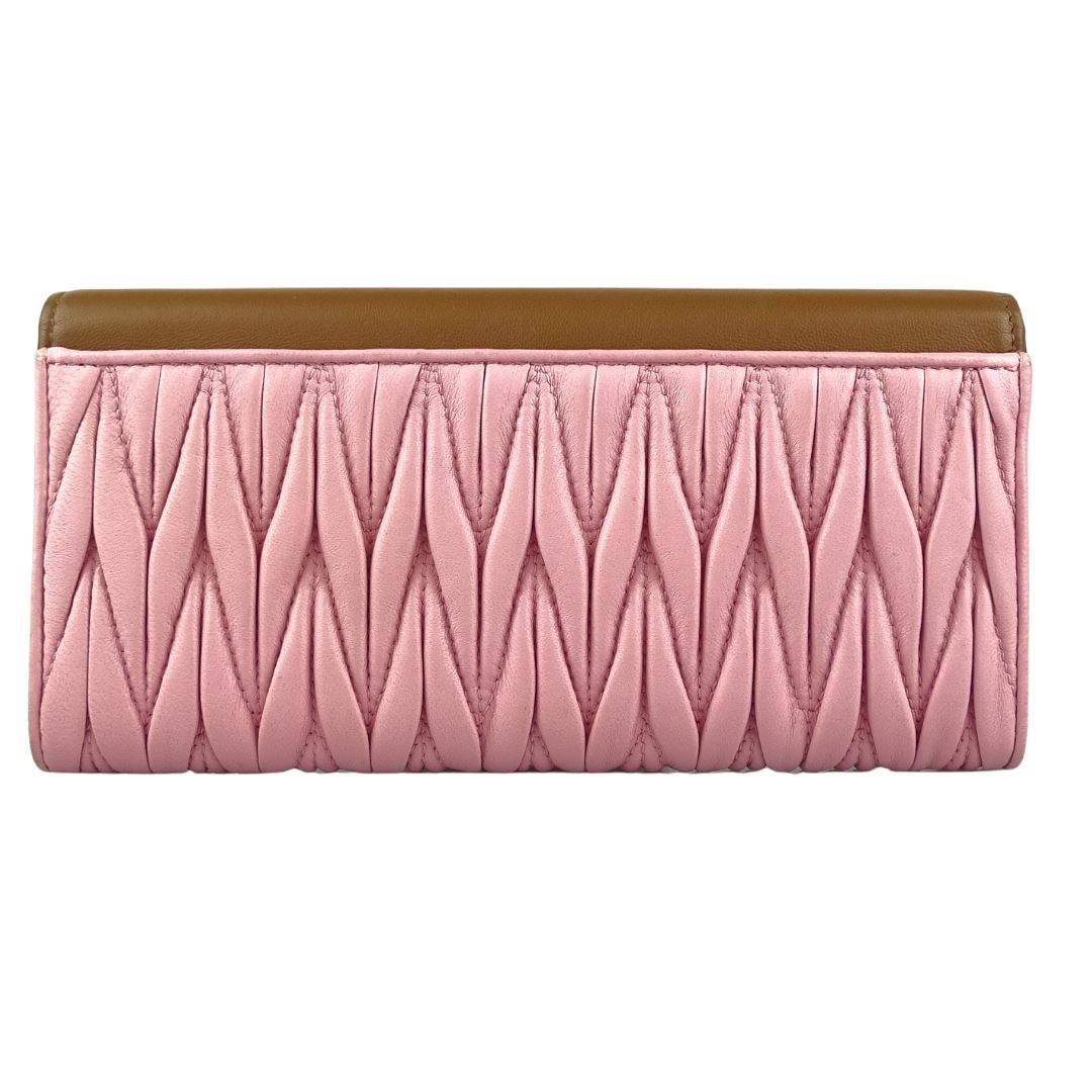 Miu Miu Matelasse Long Wallet Pink w Brown Wallets Miu Miu 