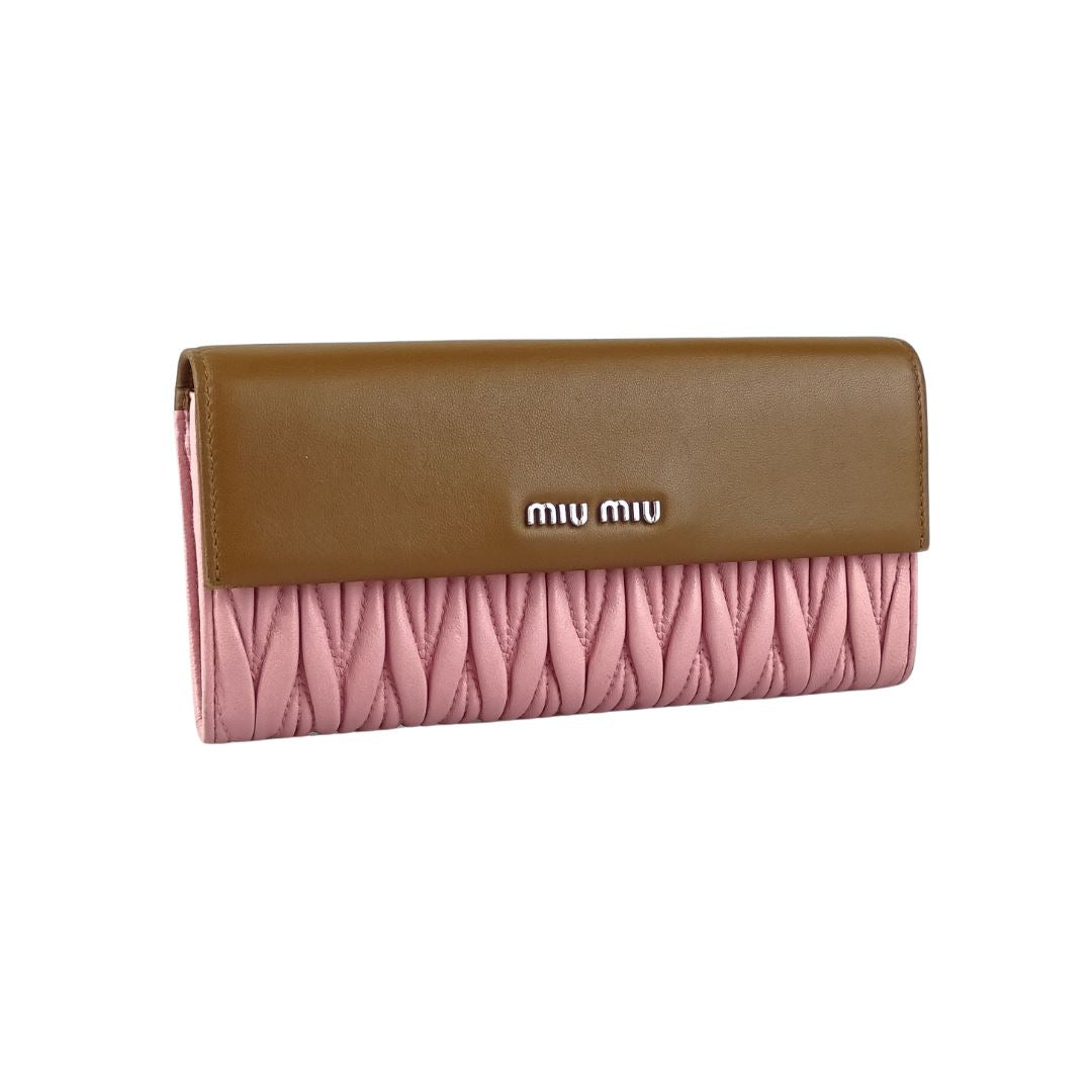 Miu Miu Matelasse Long Wallet Pink w Brown Wallets Miu Miu 