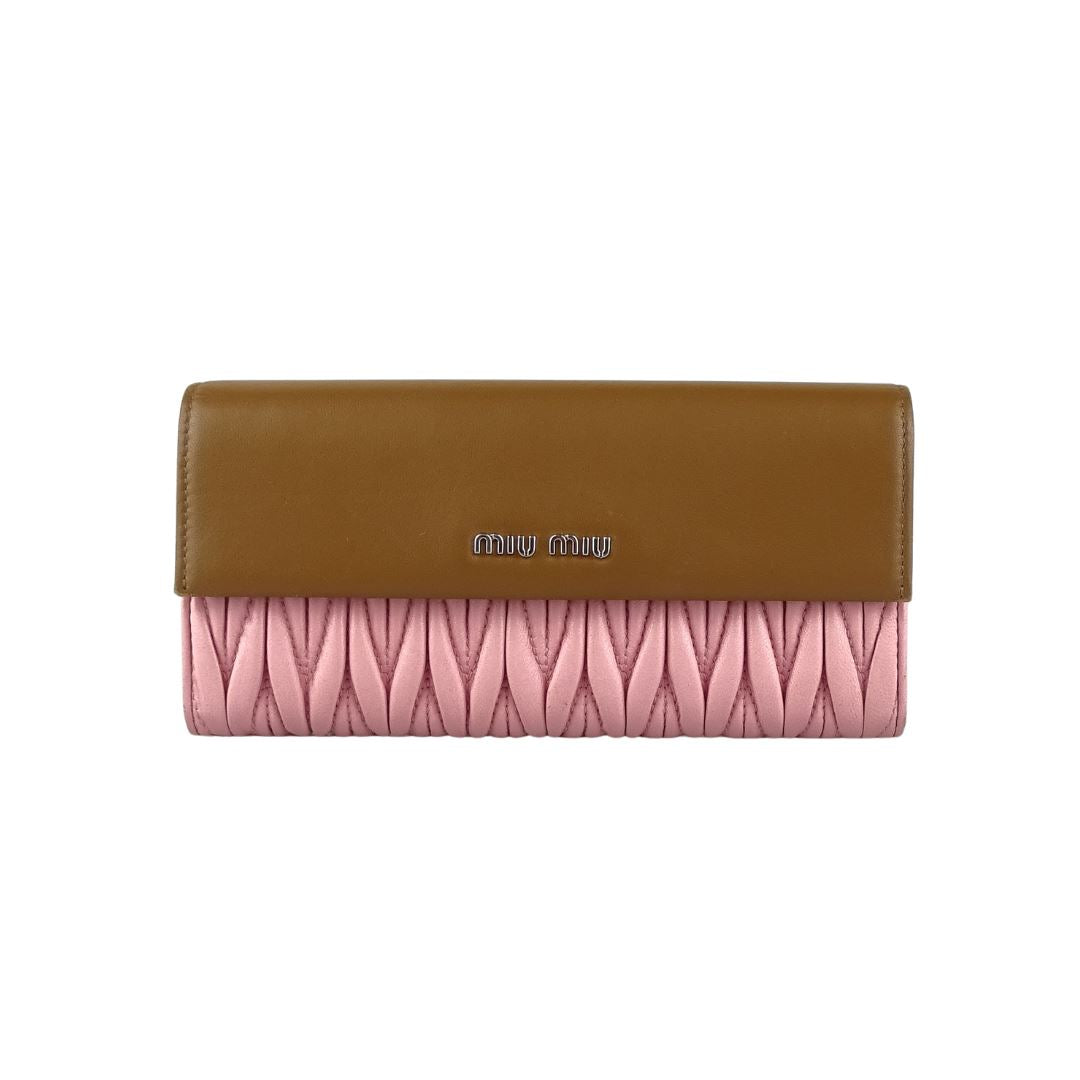 Miu Miu Matelasse Long Wallet Pink w Brown Wallets Miu Miu 