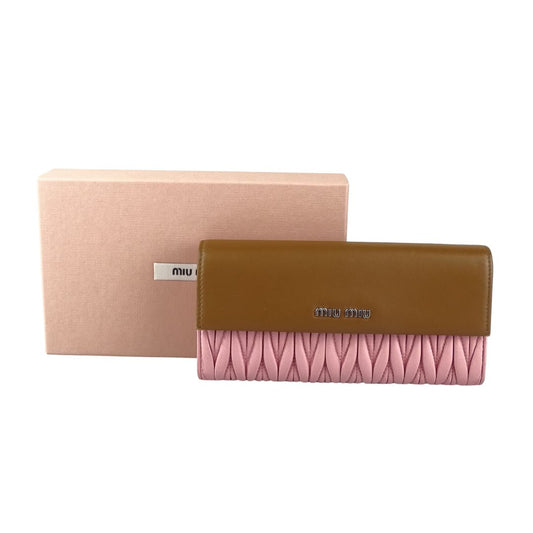 Miu Miu Matelasse Long Wallet Pink w Brown Wallets Miu Miu 