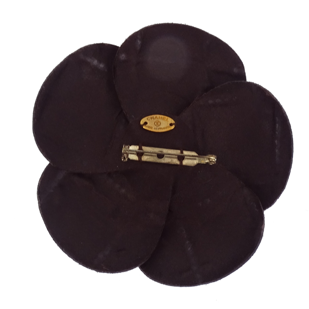 Chanel Dark Brown Suede Stitch Detail Camellia Brooch