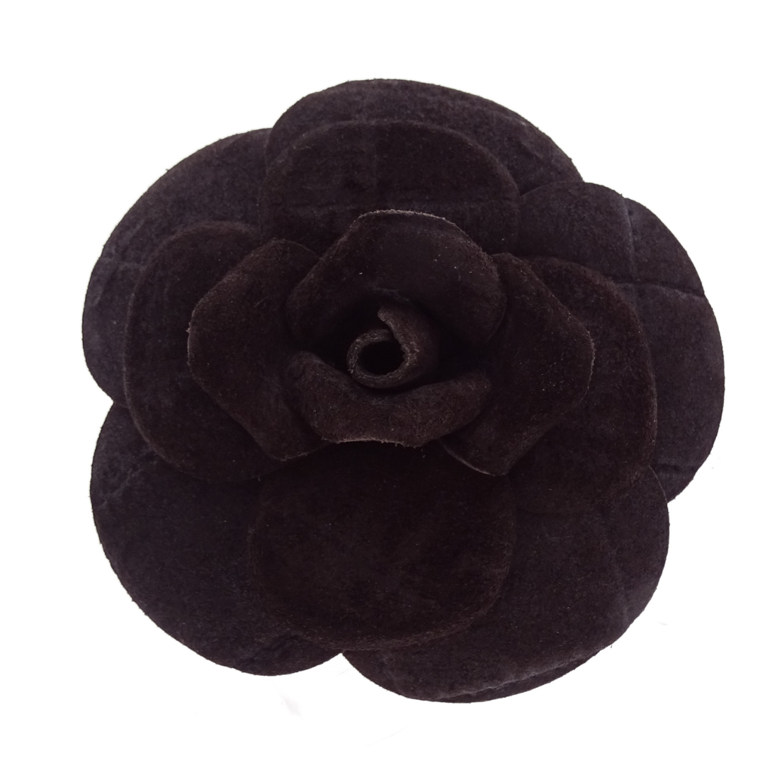 Chanel Dark Brown Suede Stitch Detail Camellia Brooch