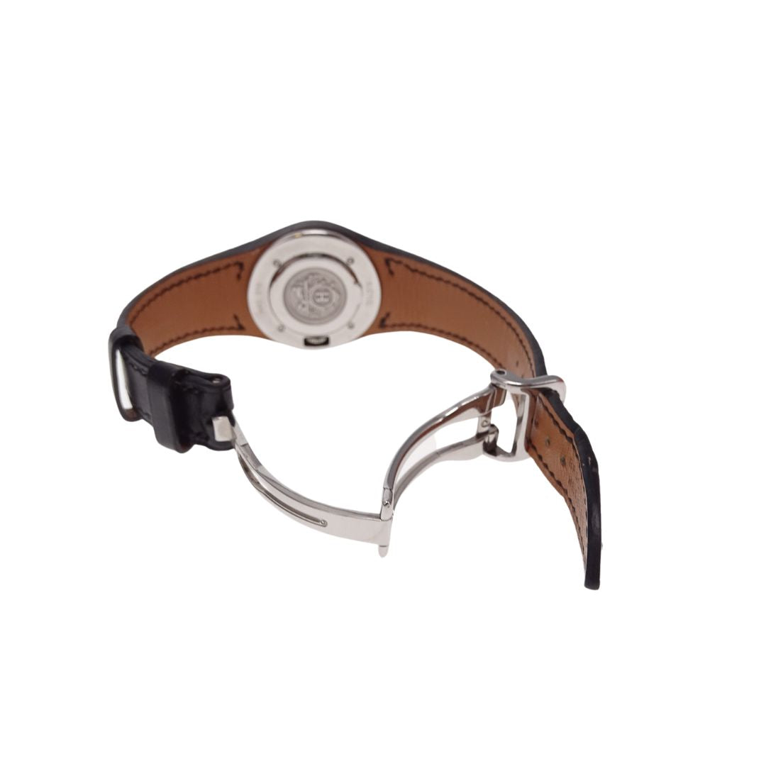 Hermes Black Leather and Stainless Steel Harnais Quartz Movement Wrist Watch