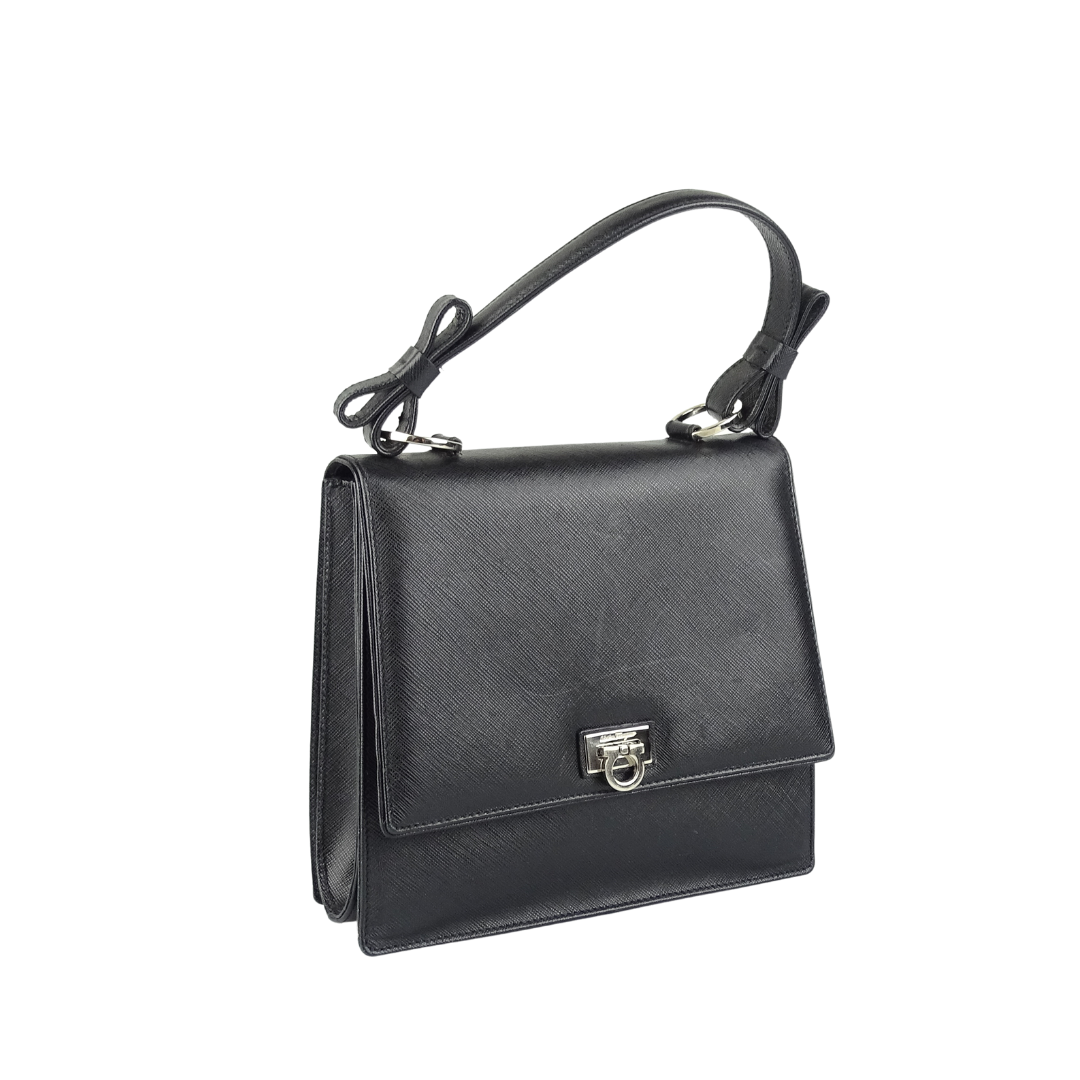 Salvatore Ferragamo Vintage Black Saffiano Style Leather Top Handle Bag