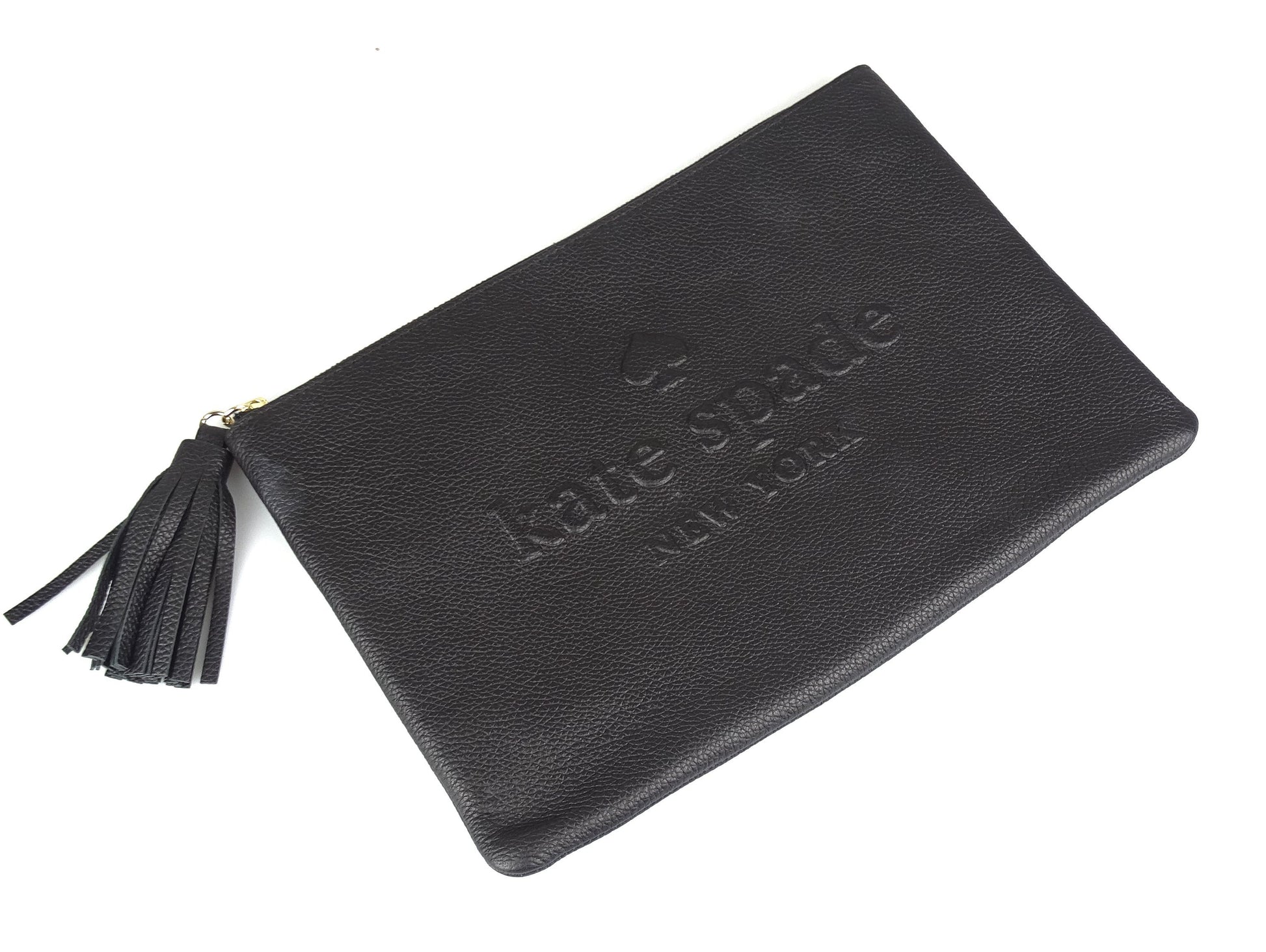 Kate Spade Black Leather Logo Embossed Pouch With Tassel Wallets Kate Spade 