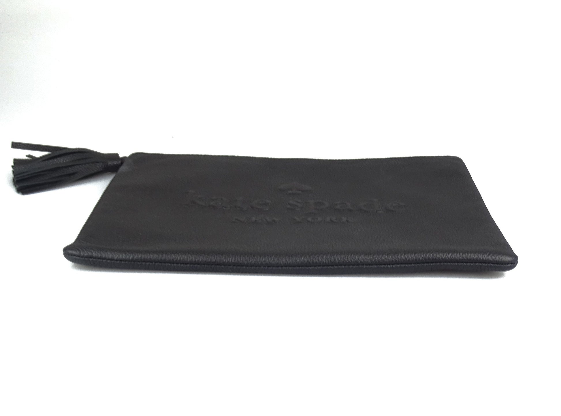 Kate Spade Black Leather Logo Embossed Pouch With Tassel Wallets Kate Spade 