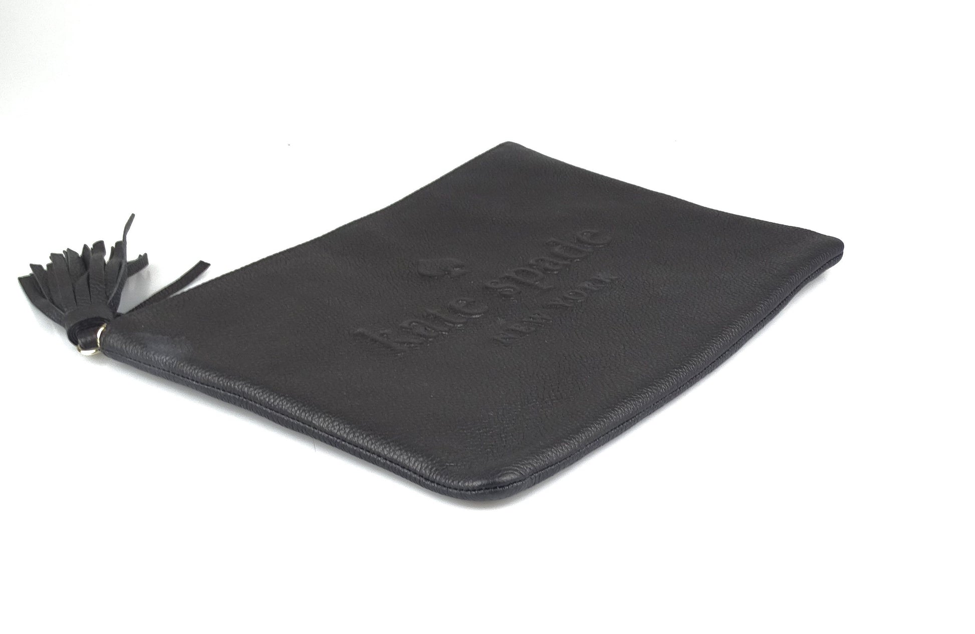 Kate Spade Black Leather Logo Embossed Pouch With Tassel Wallets Kate Spade 