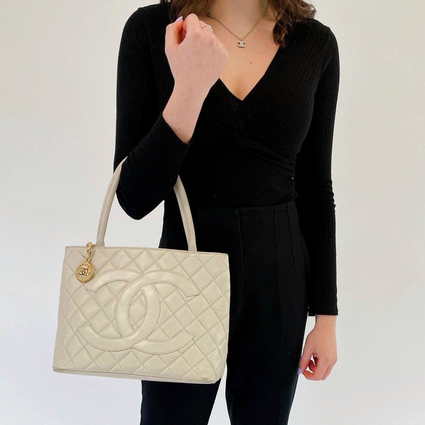 Chanel Vintage Caviar Ivory Medallion Tote