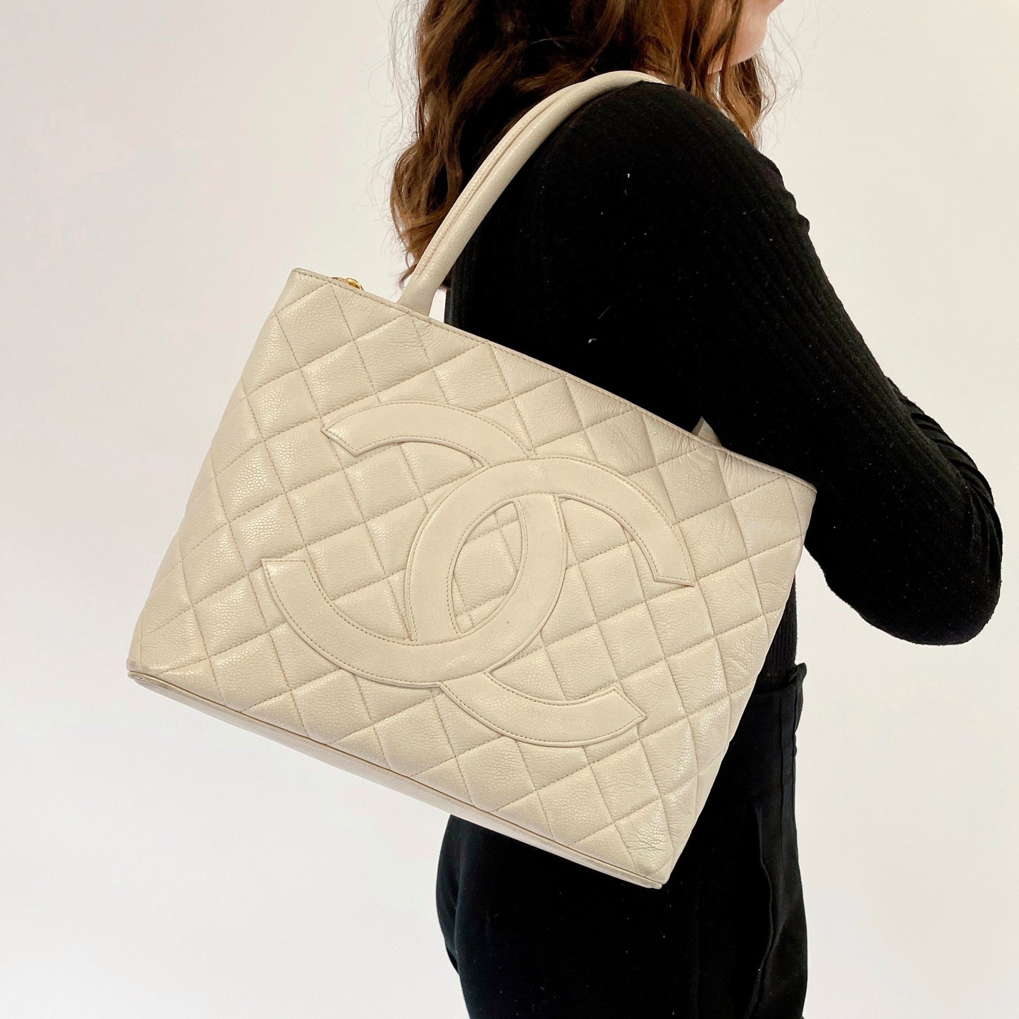 Chanel Vintage Caviar Ivory Medallion Tote