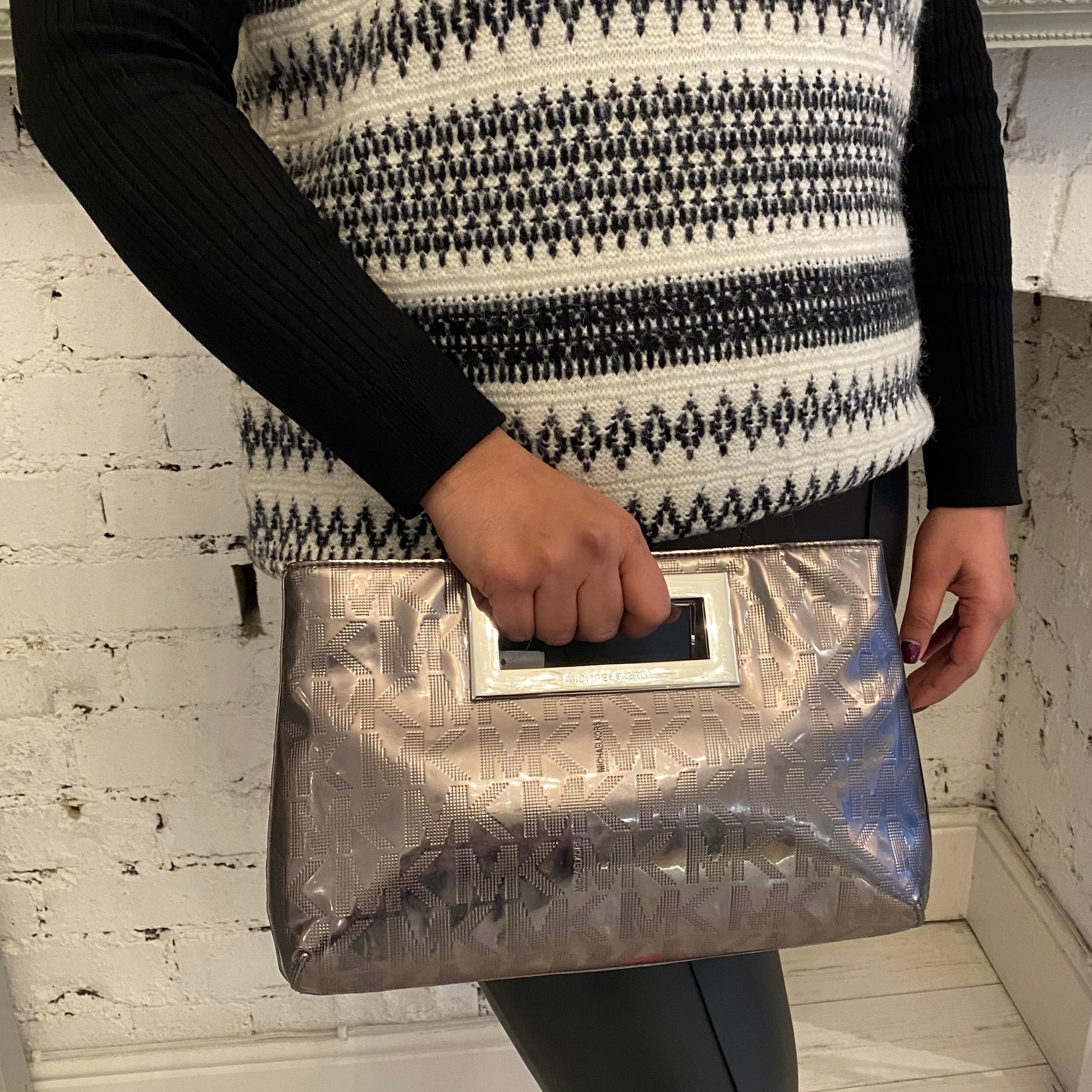 Michael Kors Nickel Monogram Berkeley Clutch
