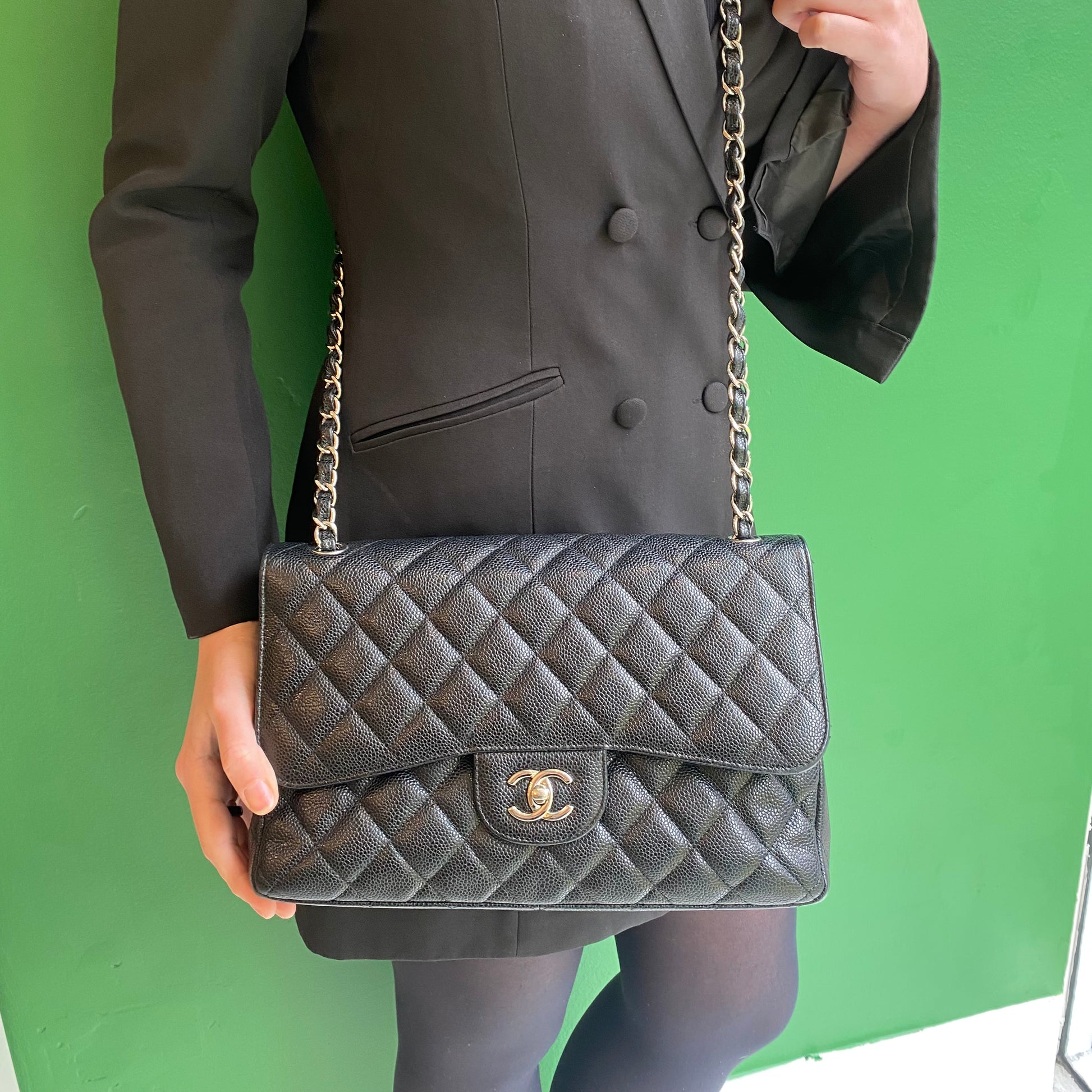 Chanel Black Caviar CC Classic Jumbo Double Flap Bags - Chanel