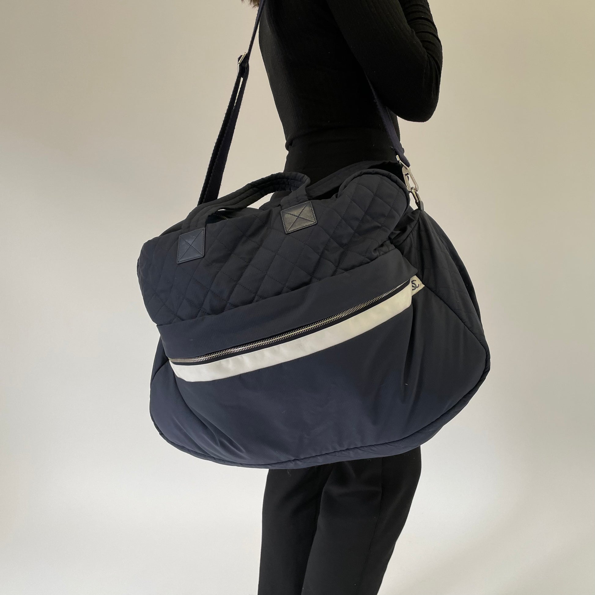 Chanel Navy Quilted Nylon Travel Bag With Long Strap 2015 16